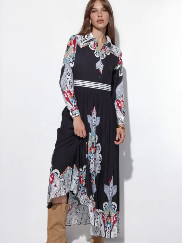 MSN Collection Gestreepte Langen Geweven Maxi Jurk Zwart