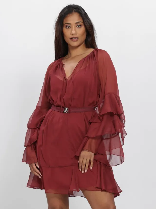 DANTE6 Dames Jurken Solstice Boho Chiffon Short Dress - Bordeaux