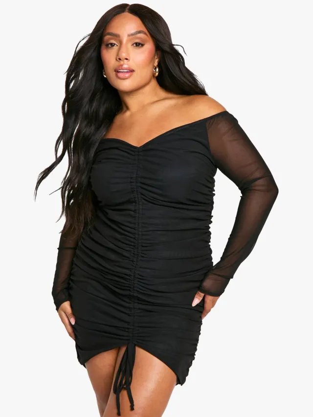 boohoo Dames plus mesh geruched Bardot mini Zwart