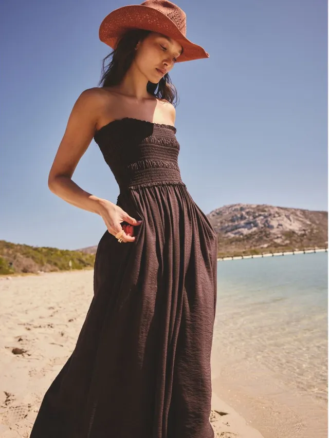 Next Dames - Gesmokte bandeau-midi-jurk - Bruin Chocolate Brown