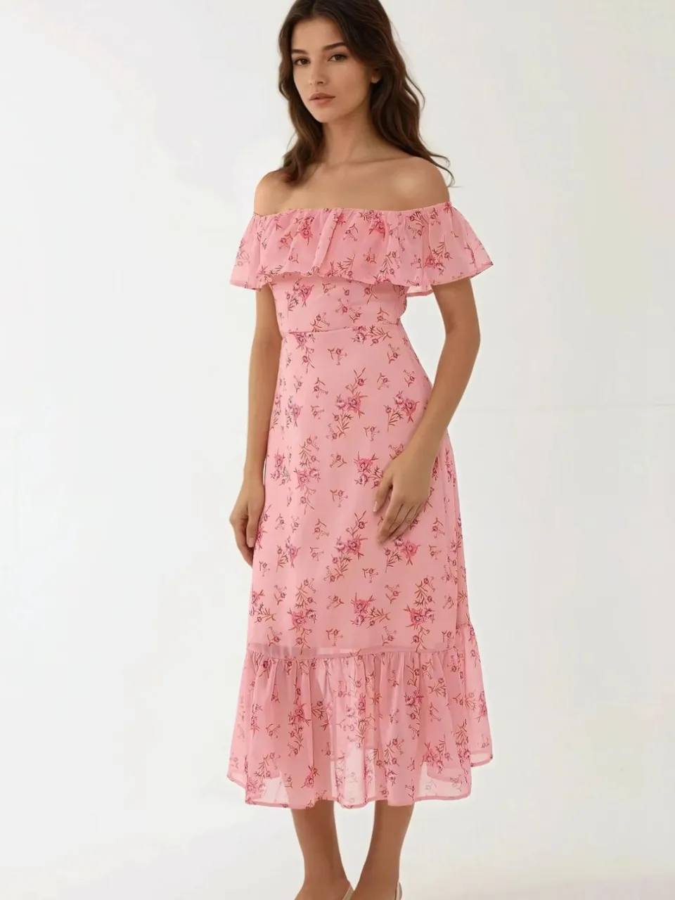 Hiccup Off-shoulder bloemenpatroon bodycon midi-jurk roze, foto 2
