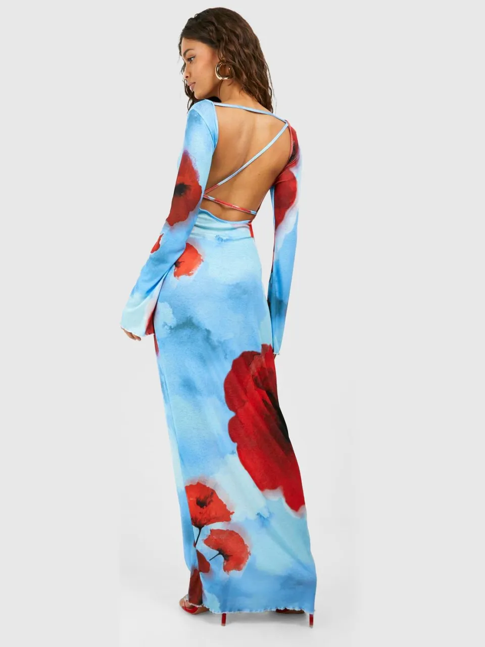 boohoo Dames Sheer Scoop Rug Bloemen Maxi Jurk blauw, foto 3