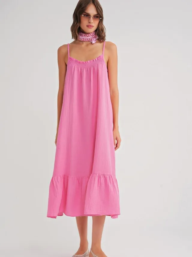 Mixray Midi Muslin Jurk met Rimpeldetail Lichtroze