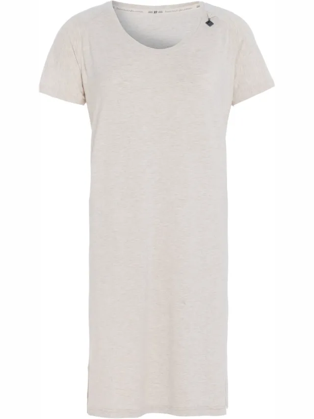 Knit Factory Lily Jurk - Dames midi-jurk met ronde hals - Rechte jurk - Korte mouwen - Jurk voor het voorjaar en de zomer - Beige