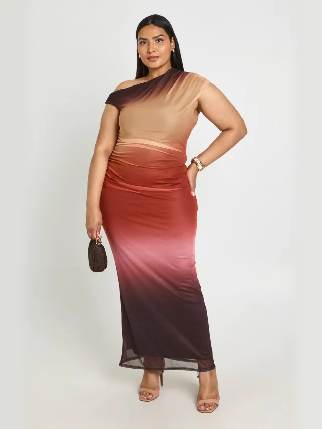 boohoo Dames Ombre Mesh Asymmetrische Maxi Jurk Oranje