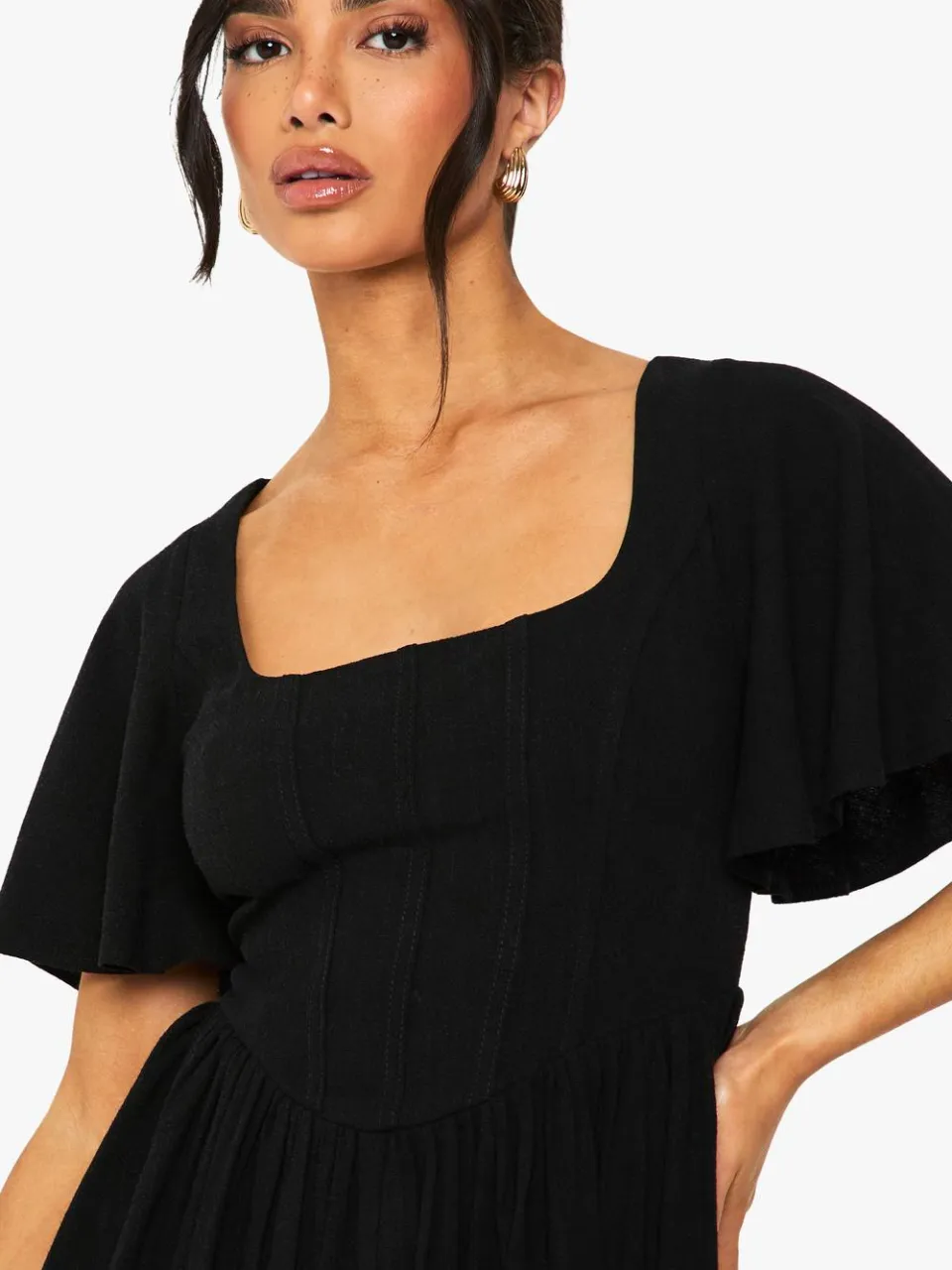 boohoo Dames Petite Linen Mix Korset Engelmouw Skaterjurk zwart, foto 3