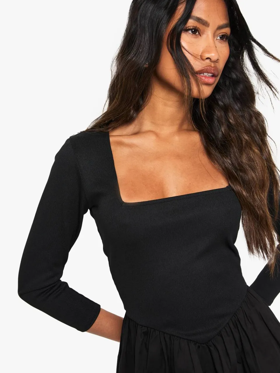 boohoo Dames Jersey Rib Cotton Mix Langarm Mini Jurk zwart, foto 4