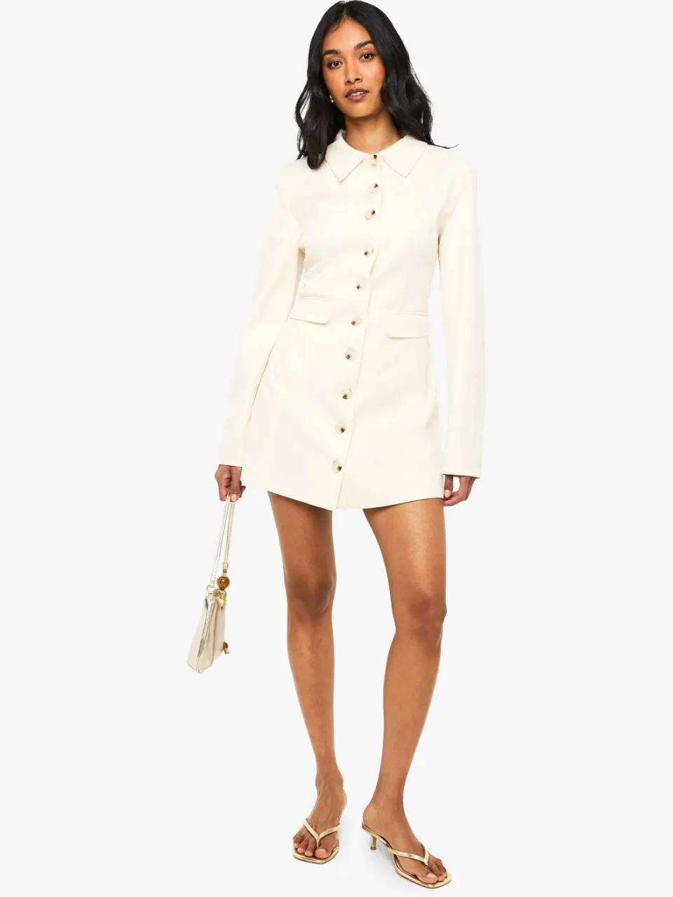 boohoo Dames Getailleerde Doorknoop Shirt Blazer Jurk crème, foto 3