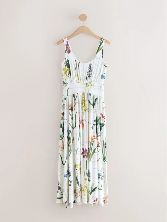 Next Dames - Jersey petite midi-jurk met tailleband - Petite - Wit White/Floral Print