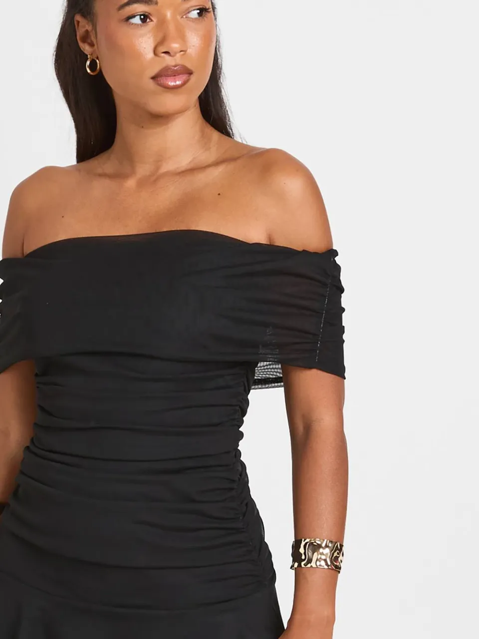 boohoo Dames Mesh Bardot Geplooid Body Skater Jurk zwart, foto 4