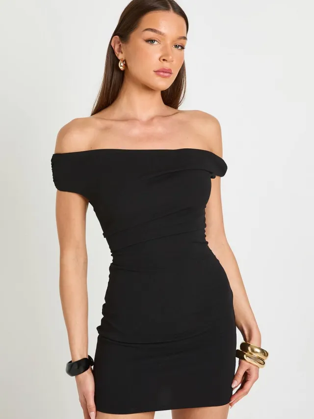 boohoo Dames Jersey Crêpe Bardot Mini Jurk Met Geplooid Middel Zwart