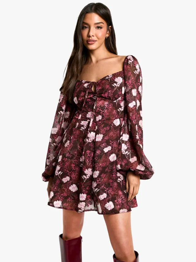 boohoo Dames Floral Blouson Sleeve Skaterjurk Merlot