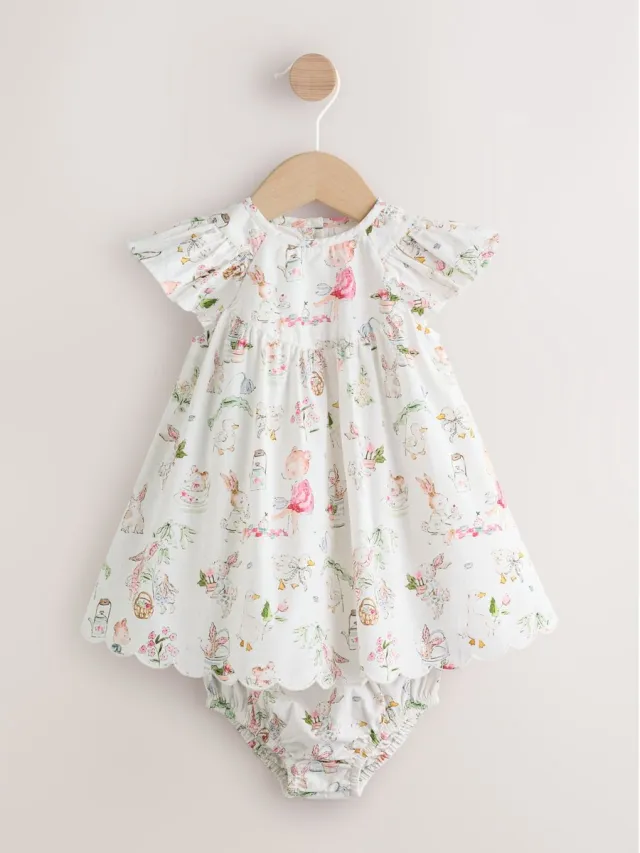 Next Meisjes - 2-delige babyset van geweven jurk en broekjes - Wit White Character