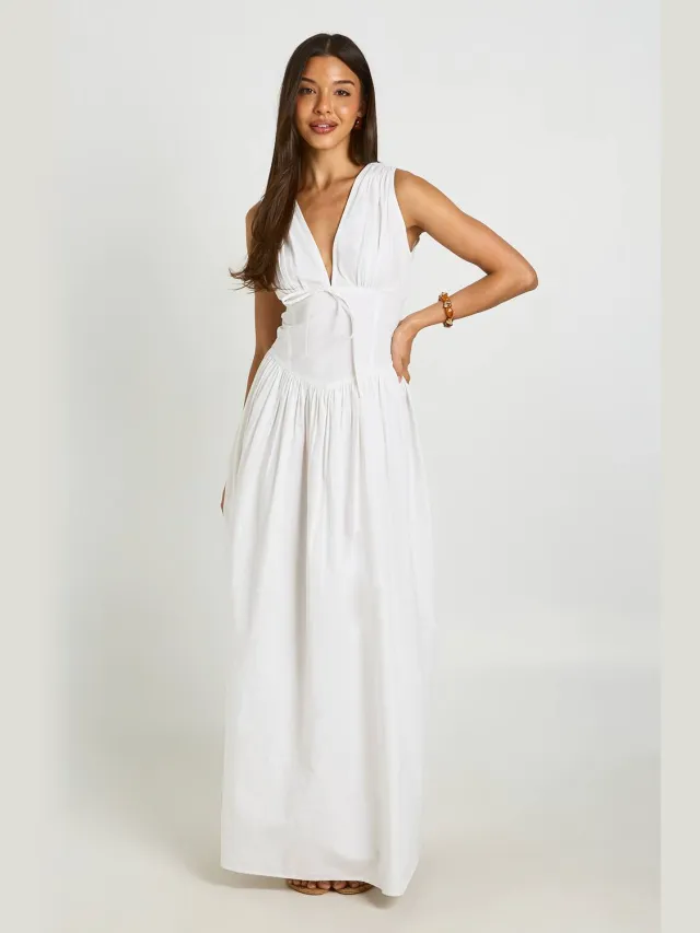 boohoo Dames Katoenen Popeline Maxi Jurk Met Diepe V-hals En Getailleerd Middel Detail Wit