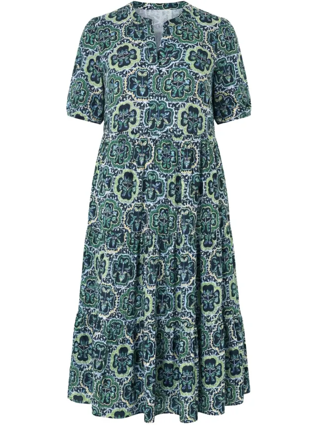 Studio Untold Dames - Maxi-jurk A-lijn tegel-print volants korte mouwen - Zwart - Maat 42+