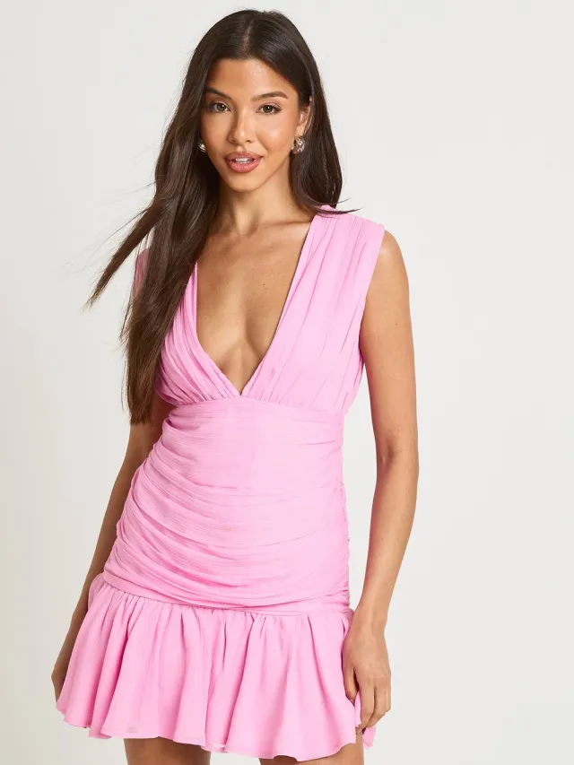 boohoo Dames Chiffon Mini-jurk Met Diepe V-hals Roze