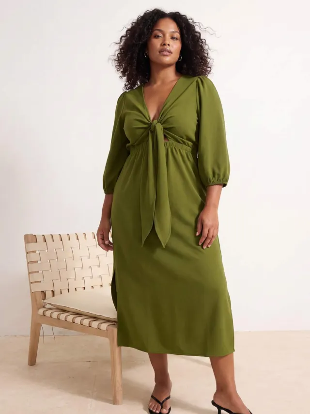 Trendyol Curve Dames Groen Effen Midi Driekwart mouw Casual A-lijn Grote maten Jurk