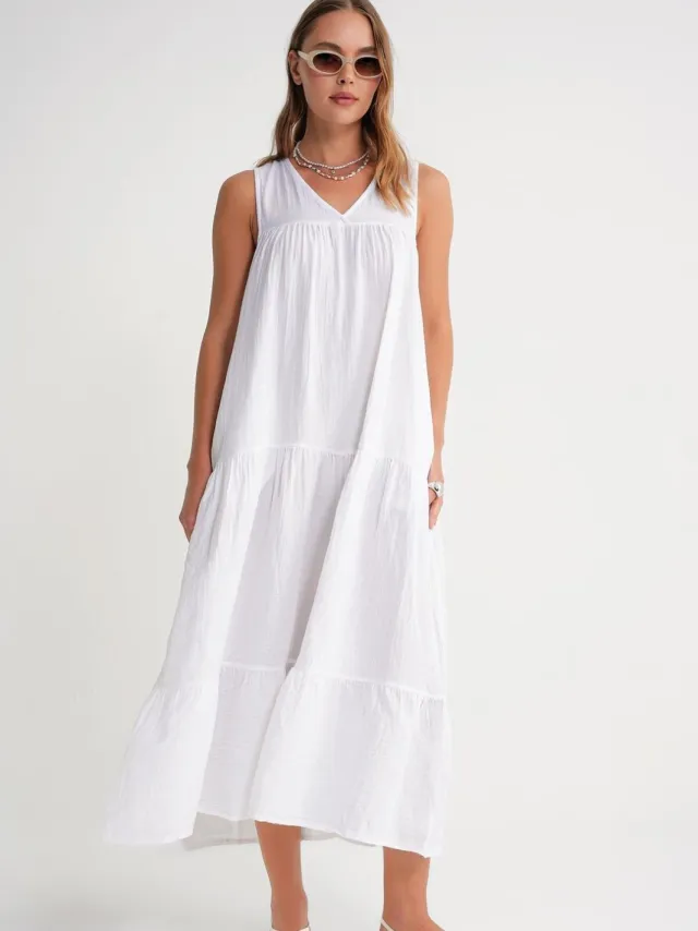 Mixray Mouwloze V-hals Muslin Midi-jurk met Zakken Wit