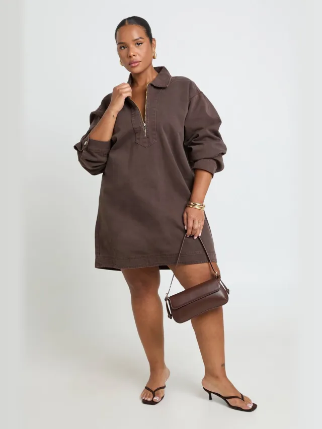 boohoo Dames Plus Denim Jurk Met Ritssluiting Chocoladebruin