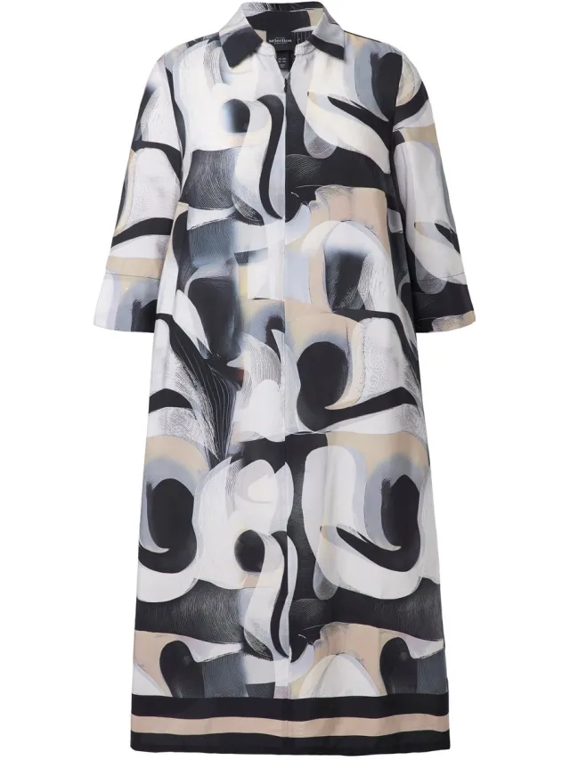 Ulla Popken Dames - Maxi-jurk lyocell grafisch A-lijn overhemdkraag 3/4-mouwen - Zwart - Maat 58+