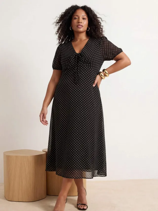 Trendyol Curve Dames Zwart Stippen Maxi Kort Casual A-lijn Grote maten Jurk