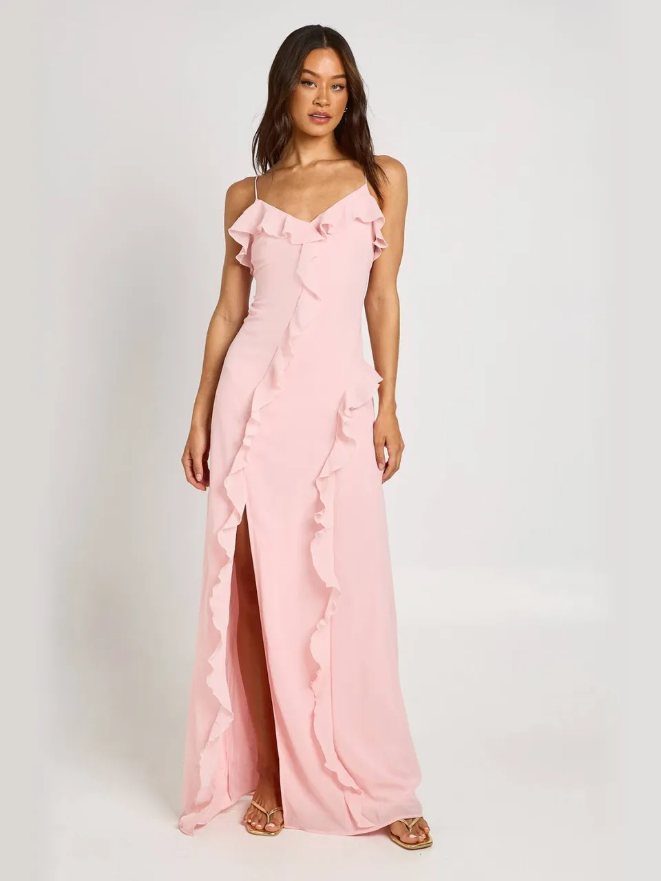 boohoo Dames Lange Chiffon Maxi Jurk Met Ruche Detail stoffig roze, foto 3