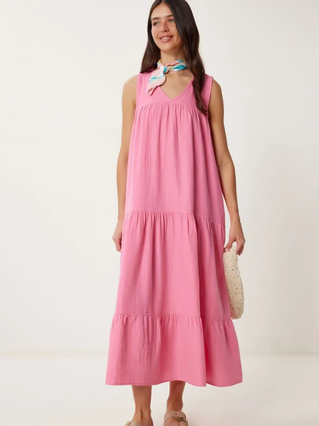 Happiness Istanbul Rimpelige V-hals Midi-jurk Roze