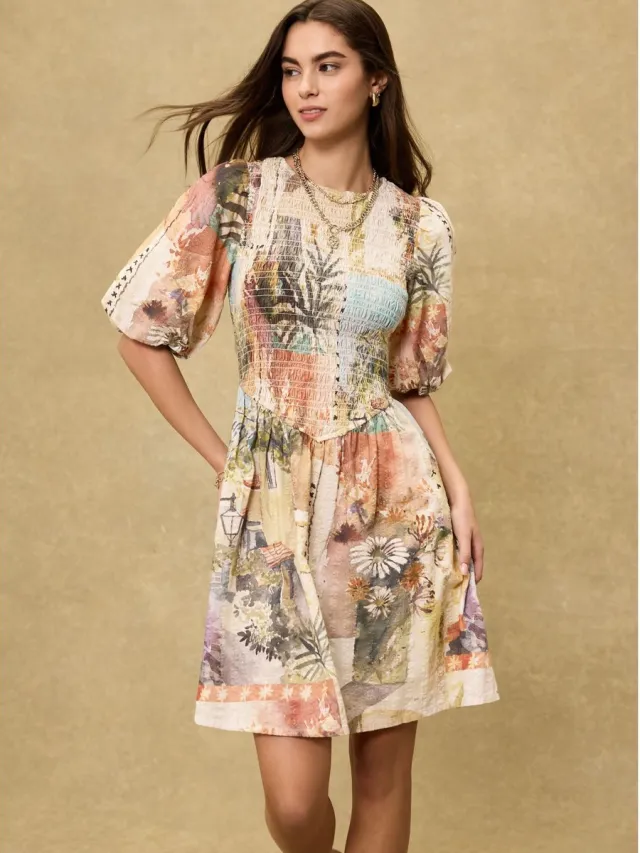 Next Dames - Aangerimpelde mini-jurk met pofmouwen - Crème Patched Print