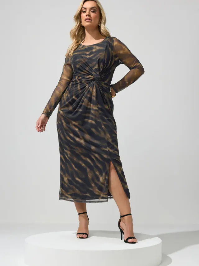 Yours London Bruine Zebra Mesh Zijknoop Midijurk-56 Brown