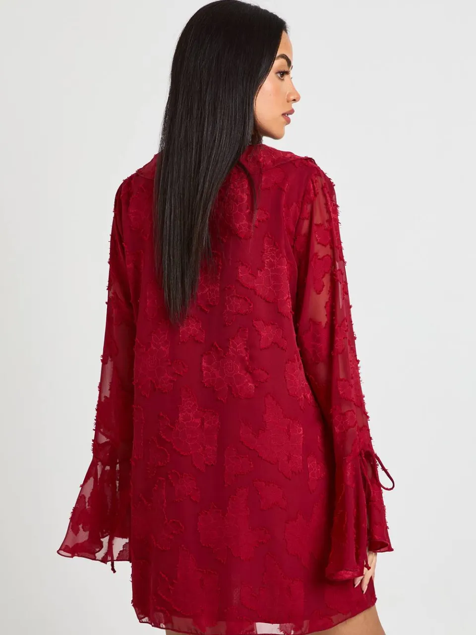 boohoo Dames Burnout Bloemenprint Ruffle Shift Jurk merlot, foto 2