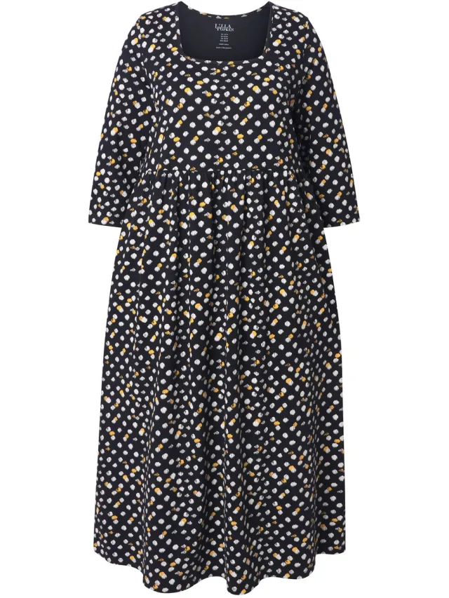 Ulla Popken Dames - Maxi-jurk stippen A-lijn carréhals 3/4-mouwen - Zwart - Maat 66+