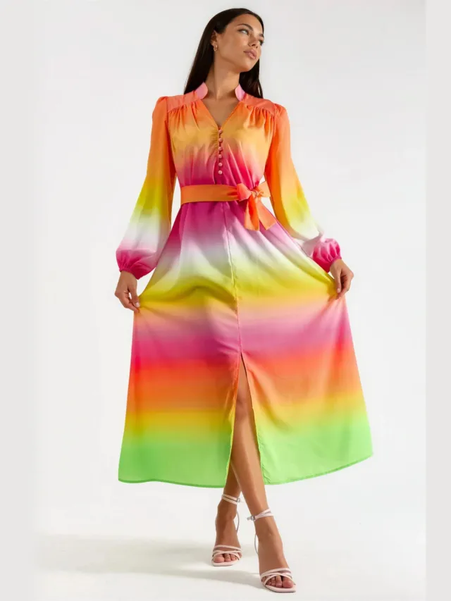 MSN Collection Ombre Maxi Jurk met Riem Oranje