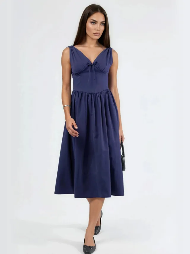Busem V-hals Midi-jurk met Strikdetail Marineblauw