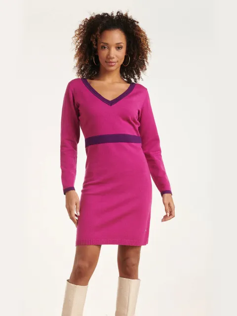 Smashed Lemon 24632 paarse bicolor gebreide jurk met v-hals Rood
