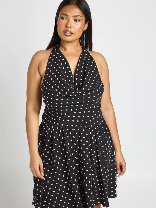 boohoo Dames Plus Skater Jurk Met Col Hals En Polkadot Zwart