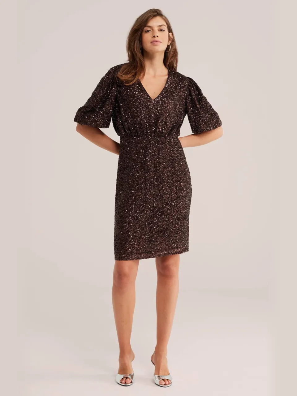 WE Fashion korte glitterjurk met pailletten - donkerbruin, foto 3