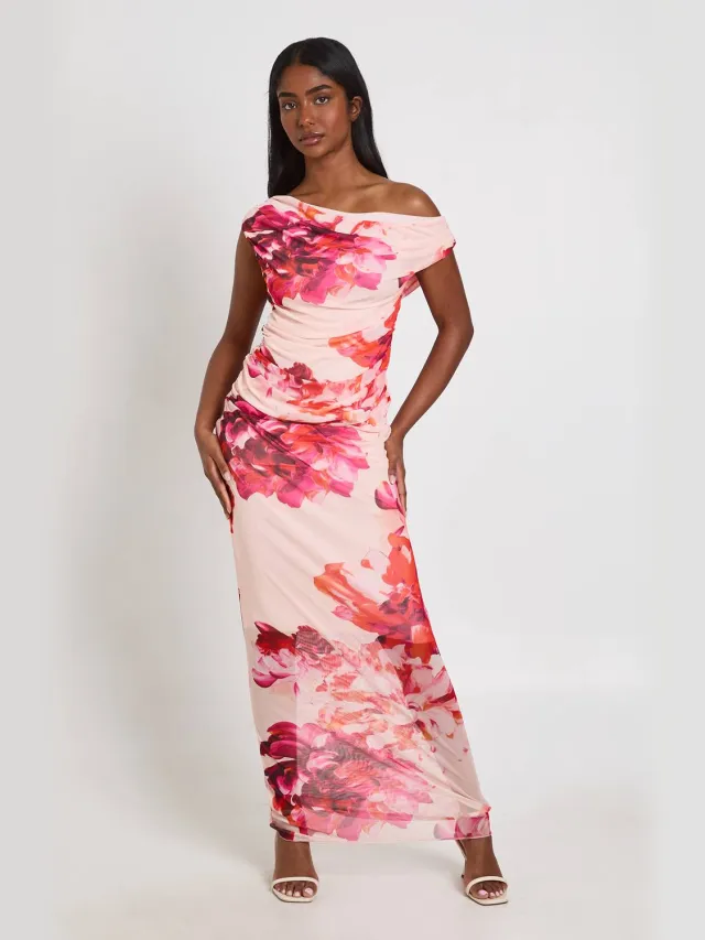 boohoo Dames Grote Bloemenprint Geplooid Maxi Jurk Pastelroze