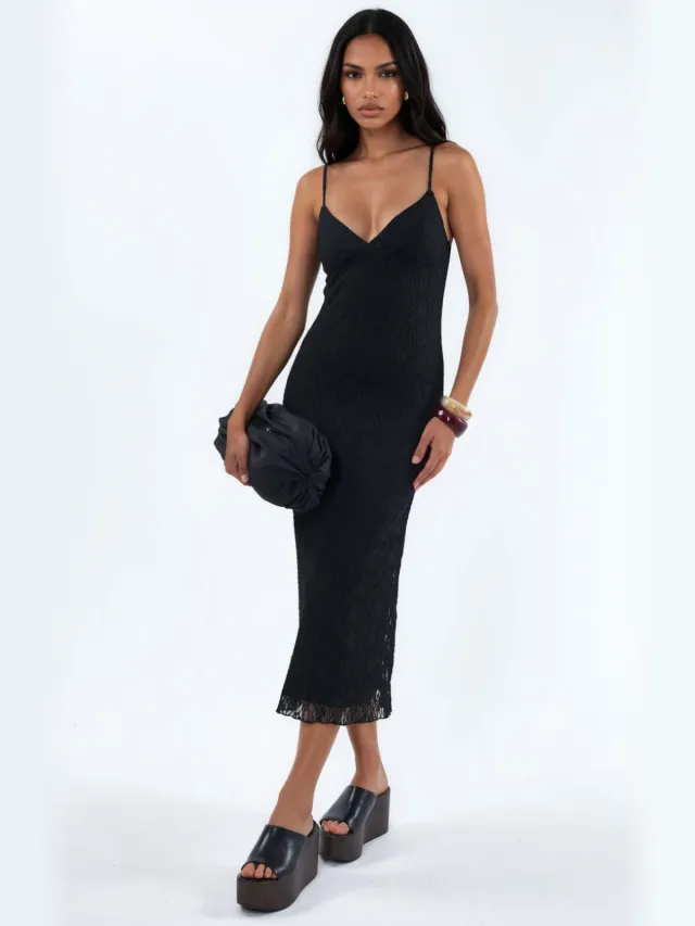 Hiccup V-hals Kant Bodycon Midi Jurk Zwart