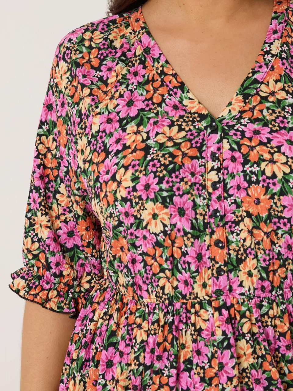 Yours Zwarte Jurk Met Bloemenprint En Raglanmouwen, foto 4