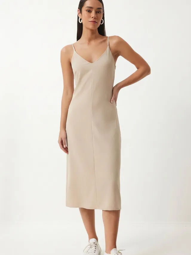 Happiness Istanbul V-hals Mouwloze Midi Slipsjurk Steen