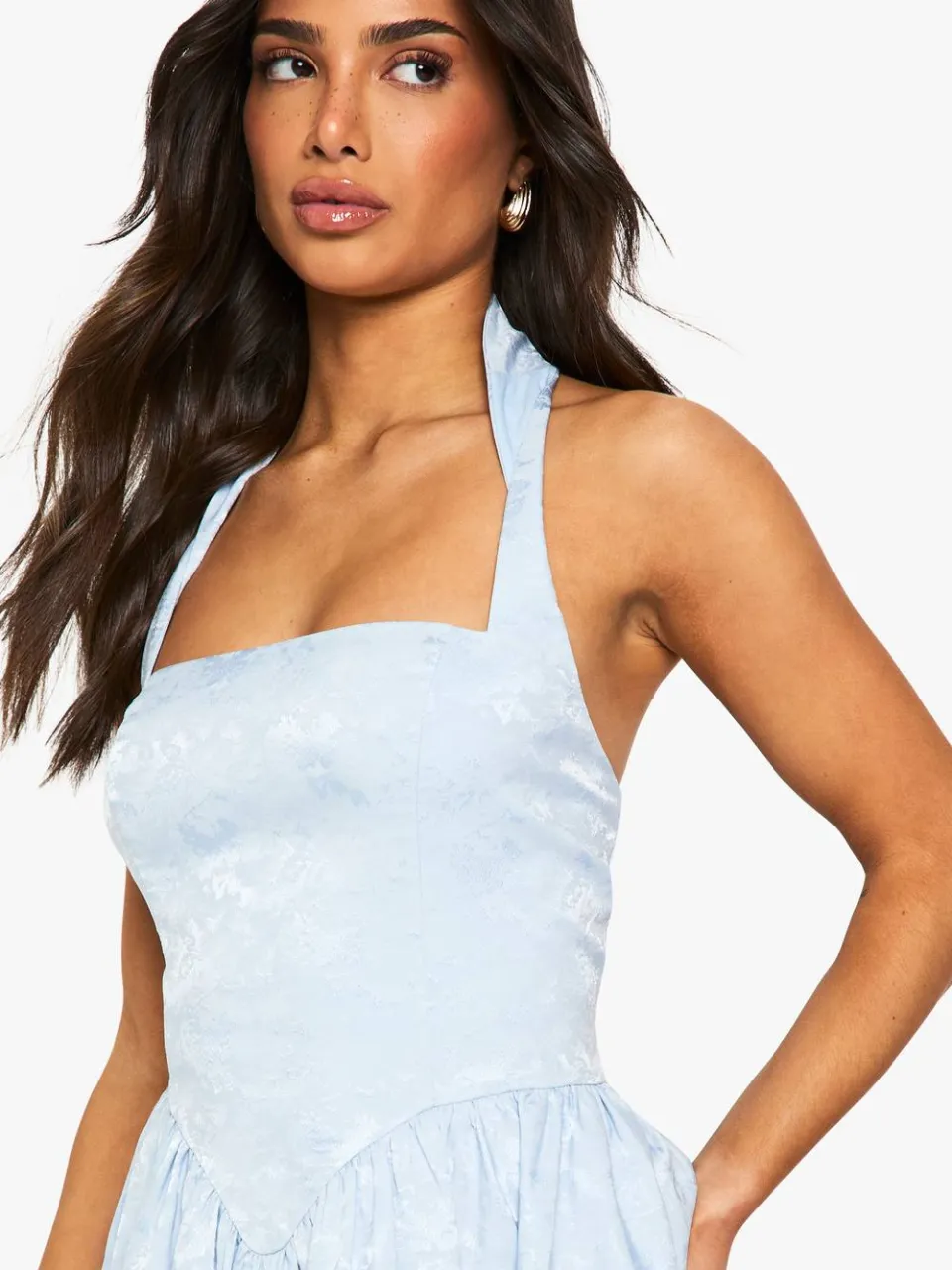 boohoo Dames Petite Halter Jacquard Jurk met Vierkante Hals Skater lichtblauw, foto 4