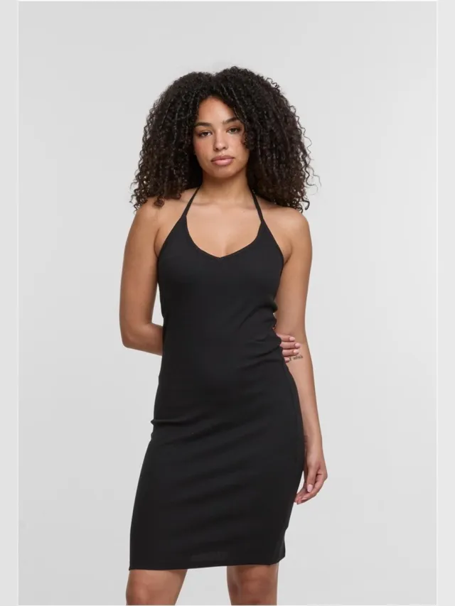 Urban Classics Ladies Rib Jersey Neckholder Dress Dames Midi-jurk - zwart