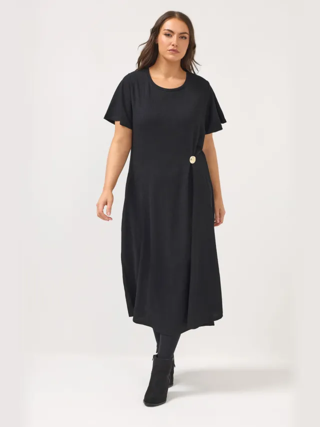 Yours Zwarte Jurk Met Knoopdetail En Textuur Black