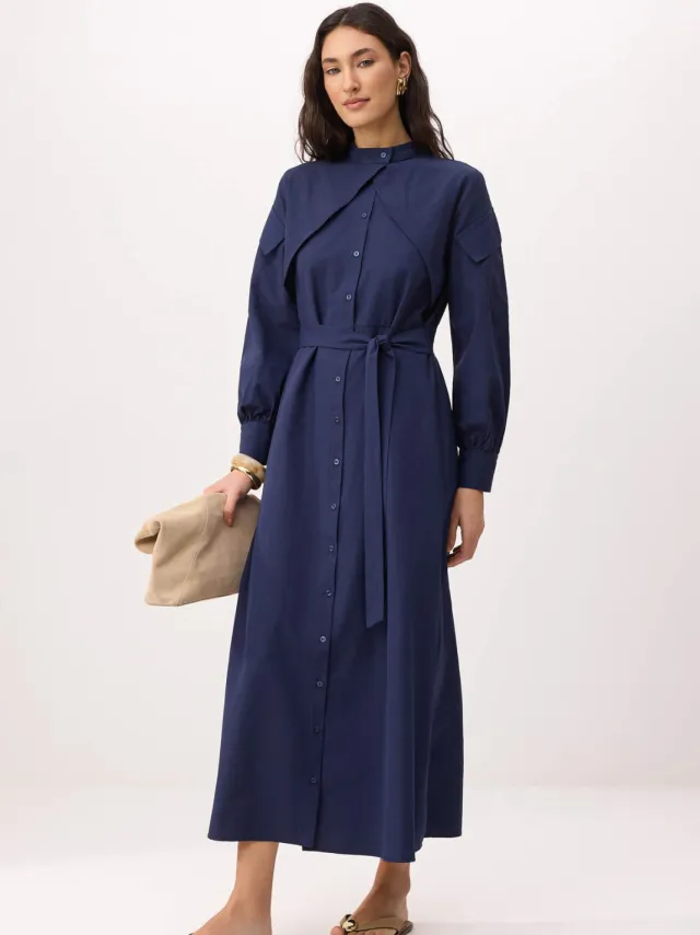 Trendyol Modest Dames Donkerblauw Effen Maxi Lang Skater Modest Jurken Marineblauw/Blauw