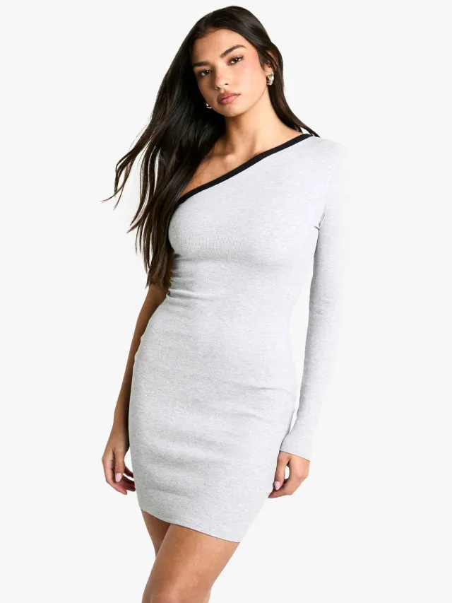 boohoo Dames Contrast Binding One Shoulder Mini Jurk Grijze Mergel