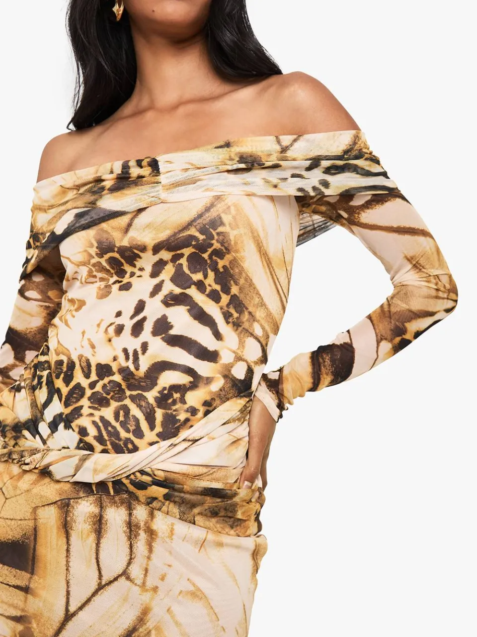 boohoo Dames Abstracte Mesh Twist-Front Bardot Mini-jurk bruin, foto 4