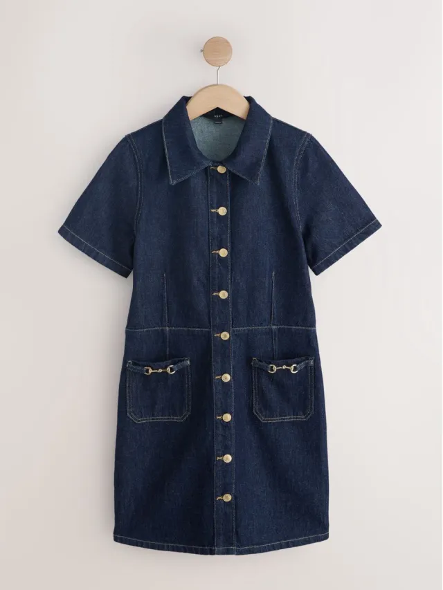 Next Dames - Denim mini-jurkje met korte mouwen, gouden gesp en zakjes - Blauw Dark Blue