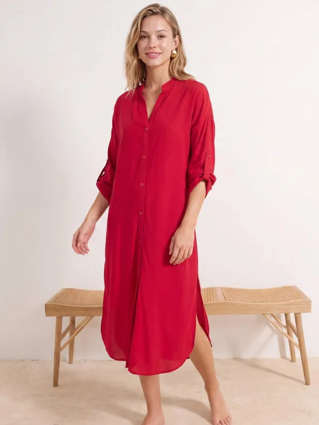 Trendyol TRENDYOLMİLLA Dames Bordeaux Effen Midi Lang Strandkleding Blousejurk Strandjurken Kersenrood
