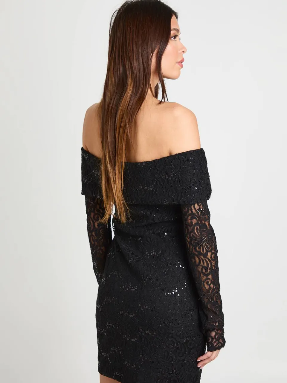 boohoo Dames Pailletten-kanten Bardot minijurk zwart, foto 2