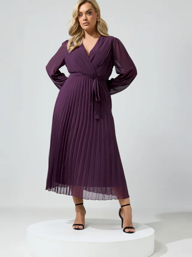 Yours London Paarse Geplooide Wikkeljurk Met Lange Mouwen Purple